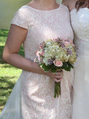 City Triangles Blush Lace Dress with Beaded Belt, Pockets, & Cap Sleeve